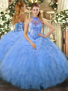 Fashion Baby Blue Lace Up Halter Top Beading and Ruffles Quinceanera Dresses Organza Sleeveless