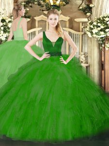 Green Tulle Zipper Sweet 16 Dress Sleeveless Floor Length Beading and Ruffles