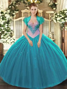 Top Selling Aqua Blue Sweetheart Neckline Beading Quinceanera Gown Sleeveless Lace Up