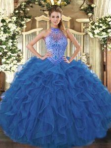 Custom Design Blue Organza Lace Up Halter Top Sleeveless Floor Length Quince Ball Gowns Beading and Embroidery and Ruffles