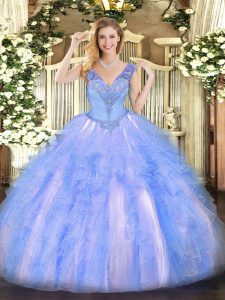 Low Price Light Blue Sleeveless Floor Length Beading and Ruffles Lace Up Quinceanera Dress