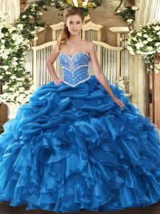 Romantic Floor Length Blue Sweet 16 Dresses Organza Sleeveless Beading and Ruffles and Pick Ups