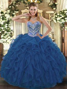 Ball Gowns 15th Birthday Dress Blue Sweetheart Tulle Sleeveless Floor Length Lace Up