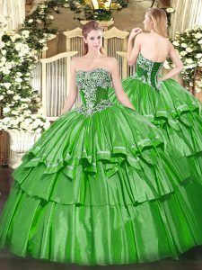 Clearance Beading and Ruffled Layers Ball Gown Prom Dress Green Lace Up Sleeveless Floor Length