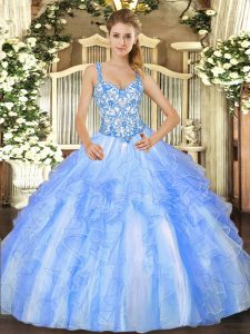 Custom Designed Organza Straps Sleeveless Lace Up Beading and Ruffles Quinceanera Dress in Blue And White