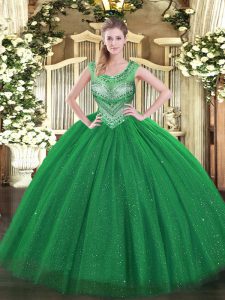 Sleeveless Floor Length Beading and Sequins Lace Up 15 Quinceanera Dress with Dark Green