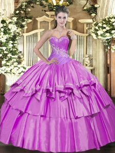 Floor Length Lilac 15th Birthday Dress Organza and Taffeta Sleeveless Beading and Ruffled Layers