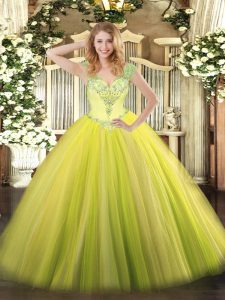 Glittering Yellow Green Lace Up V-neck Beading and Ruffles Quinceanera Gowns Tulle Sleeveless