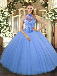 Floor Length Lace Up Casual Dresses Baby Blue for Sweet 16 and Quinceanera with Beading and Embroidery