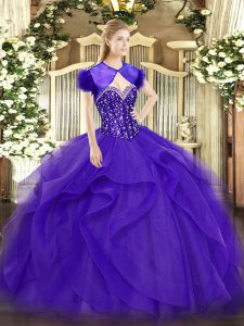 Elegant Floor Length Purple 15 Quinceanera Dress Tulle Sleeveless Beading and Ruffles