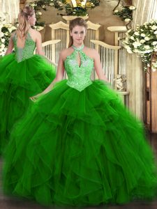 Traditional Green Sleeveless Floor Length Ruffles and Sequins Lace Up Party Dresses