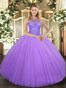 Hot Sale Lavender High-neck Lace Up Beading 15 Quinceanera Dress Sleeveless