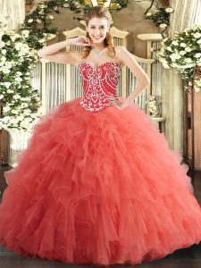 Flirting Watermelon Red Sweetheart Lace Up Beading and Ruffles Vestidos de Quinceanera Sleeveless