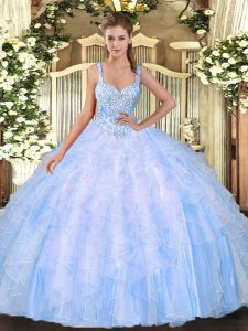 Exquisite Floor Length Light Blue Quinceanera Gowns Straps Sleeveless Lace Up