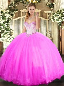 Trendy Rose Pink Tulle Lace Up Quinceanera Dresses Sleeveless Floor Length Beading