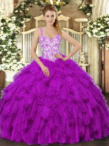 Stunning Ball Gowns Quinceanera Dress Fuchsia Straps Organza Sleeveless Floor Length Lace Up