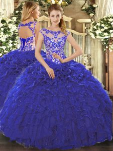 Comfortable Floor Length Lace Up Military Ball Dresses For Women Royal Blue for Sweet 16 and Quinceanera with Beading and Ruffles