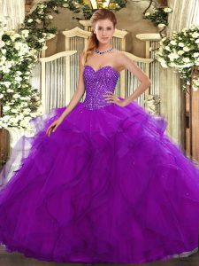 Suitable Ball Gowns Party Dress for Toddlers Purple Sweetheart Tulle Sleeveless Floor Length Lace Up