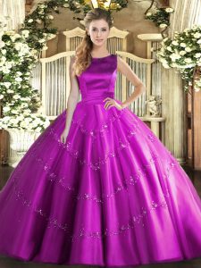 Noble Fuchsia Ball Gowns Scoop Sleeveless Tulle Floor Length Lace Up Appliques Quinceanera Dress