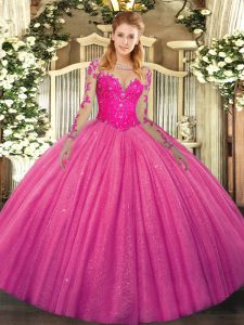 Colorful Hot Pink Ball Gowns Lace Sweet 16 Dresses Lace Up Tulle Long Sleeves Floor Length