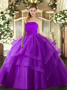 Superior Floor Length Lace Up Quinceanera Dress Eggplant Purple for Military Ball and Sweet 16 and Quinceanera with Ruffled Layers
