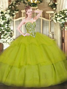 Olive Green Ball Gowns Sweetheart Sleeveless Tulle Floor Length Lace Up Beading and Ruffled Layers 15th Birthday Dress