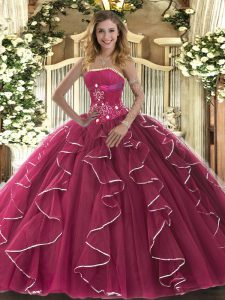 Sleeveless Floor Length Beading and Ruffles Lace Up Party Dress Wholesale with Fuchsia