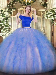 Blue And White Tulle Zipper 15 Quinceanera Dress Short Sleeves Floor Length Appliques and Ruffles