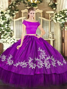 Delicate Purple Short Sleeves Embroidery Floor Length Quince Ball Gowns
