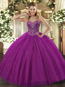 Cute Fuchsia Ball Gowns Beading Sweet 16 Dresses Lace Up Lace Sleeveless Floor Length