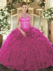 Fuchsia Organza Lace Up Halter Top Sleeveless Floor Length Ball Gown Prom Dress Beading and Ruffles