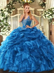 Floor Length Lace Up Quinceanera Dress Blue for Military Ball and Sweet 16 and Quinceanera with Beading and Ruffles and Pick Ups
