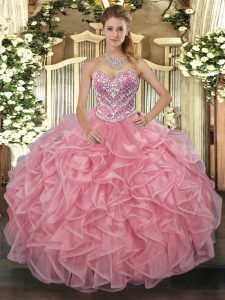 Pink Sweetheart Lace Up Beading Quinceanera Gown Sleeveless