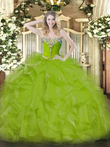 Extravagant Olive Green Organza Lace Up Sweetheart Sleeveless Floor Length Quince Ball Gowns Beading and Ruffles