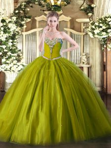 Elegant Tulle Sweetheart Sleeveless Lace Up Beading 15th Birthday Dress in Olive Green
