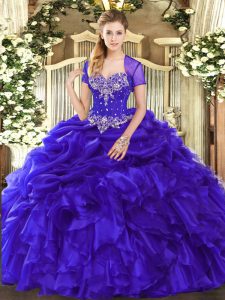 Purple Sweetheart Lace Up Beading and Ruffles and Pick Ups 15th Birthday Dress Sleeveless