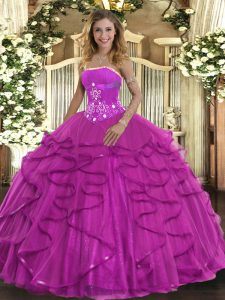 Fuchsia Quinceanera Dresses Military Ball and Sweet 16 and Quinceanera with Beading and Ruffles Strapless Sleeveless Lace Up