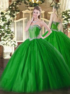 Green Sleeveless Tulle Lace Up Quince Ball Gowns for Military Ball and Sweet 16 and Quinceanera