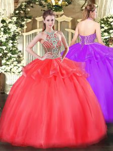 Popular Coral Red Tulle Lace Up Halter Top Sleeveless Floor Length Quince Ball Gowns Beading and Ruffles