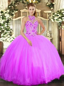 Sleeveless Floor Length Beading and Embroidery Lace Up 15 Quinceanera Dress with Lilac