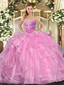 Lilac Organza Lace Up 15th Birthday Dress Sleeveless Floor Length Beading and Ruffles