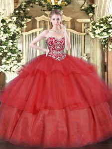 Floor Length Red Sweet 16 Dress Sweetheart Sleeveless Lace Up