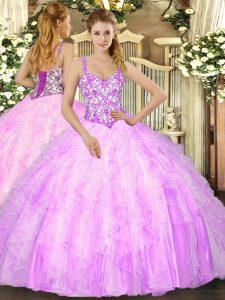 Lilac Straps Lace Up Beading and Ruffles 15th Birthday Dress Sleeveless