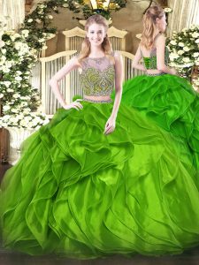 Green Two Pieces Beading and Ruffles 15th Birthday Dress Lace Up Organza Sleeveless Floor Length