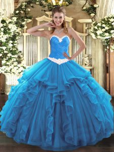 Charming Baby Blue Ball Gowns Sweetheart Sleeveless Organza Floor Length Lace Up Appliques and Ruffles Vestidos de Quinceanera