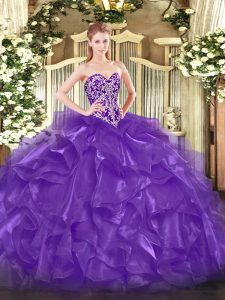 Purple Ball Gowns Organza Sweetheart Sleeveless Beading and Ruffles Floor Length Lace Up Ball Gown Prom Dress