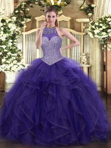 Modest Ball Gowns 15 Quinceanera Dress Purple Halter Top Tulle Sleeveless Floor Length Lace Up