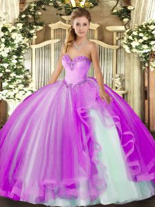 Lilac Ball Gowns Tulle Sweetheart Sleeveless Beading and Ruffles Floor Length Lace Up Military Ball Gown