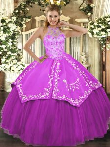 Spectacular Fuchsia Ball Gowns Beading and Embroidery Sweet 16 Dress Lace Up Satin and Tulle Sleeveless Floor Length