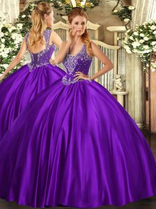 Most Popular Floor Length Purple Quince Ball Gowns Satin Sleeveless Beading